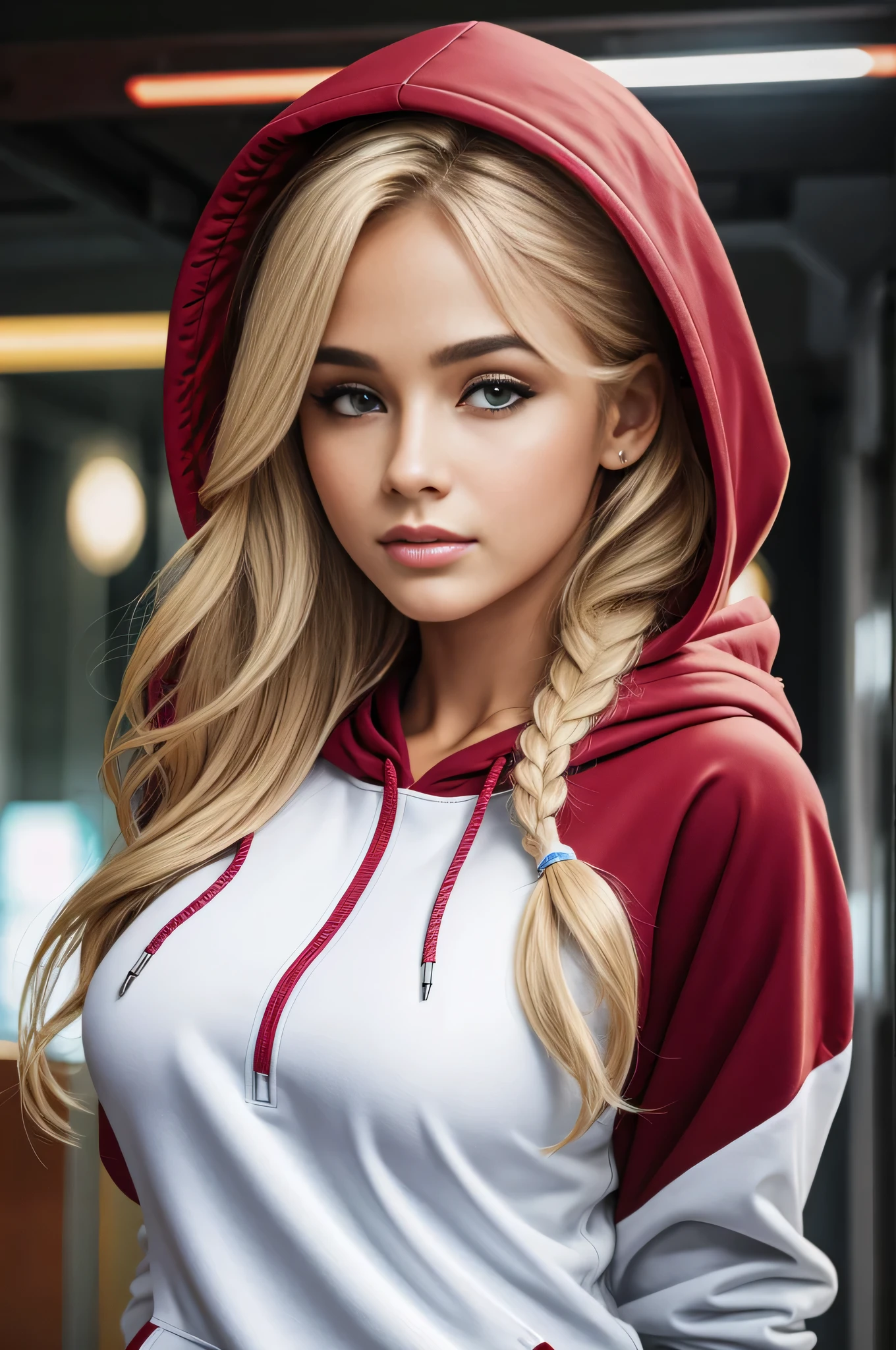 absurdres, RAW photo, highest quality, (masterpiece: 1.3), high detail RAW color photo, professional photo, extremely detailed CG 8k wallpaper unit, photo-realistic, realistic, RAW photo, masterpiece, best quality, highres,
1girl, 19 YEARS OLD, white, blonde hair, wavy, Average length, ponytail, athletic body, thin legs, perfect gorgeous face, beautiful light brown realistic eyes, fair skin, detailed skin texture, very small natural breasts. Serious. She looks amazing. urban style. (red hooded sweatshirt, red leggings, simple design). In the subway of São Paulo.