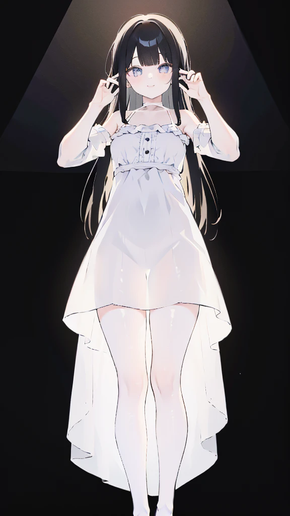 masterpiece, 8K, Detailed face, best quality, Must be created as described, (1 girl, alone, 20 years old, 158cm), (Black hair, long hair, Straight Hair, Bangs), (innocent, Big blue eyes like diamonds), (fair skin, thin waist, long legs), (Dress simply,Fitted pure white dress, spaghetti straps, There are no sleeves), (black briefs, Low waist style), (Wearing white socks), (Show your thighs, Show your arms), (The expression looks shy, but with a smile), (light black background, Full body portrait, Stand Up Straight, symmetry)
