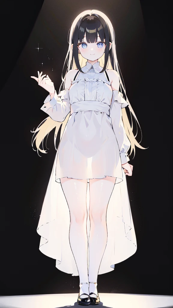 masterpiece, 8K, Detailed face, best quality, Must be created as described, (1 girl, alone, 20 years old, 158cm), (Black hair, long hair, Straight Hair, Bangs), (innocent, Big blue eyes like diamonds), (fair skin, thin waist, long legs), (Dress simply,Fitted pure white dress, spaghetti straps, There are no sleeves), (black briefs, Low waist style), (Wearing white socks), (Show your thighs, Show your arms), (The expression looks shy, but with a smile), (light black background, Full body portrait, Stand Up Straight, symmetry)