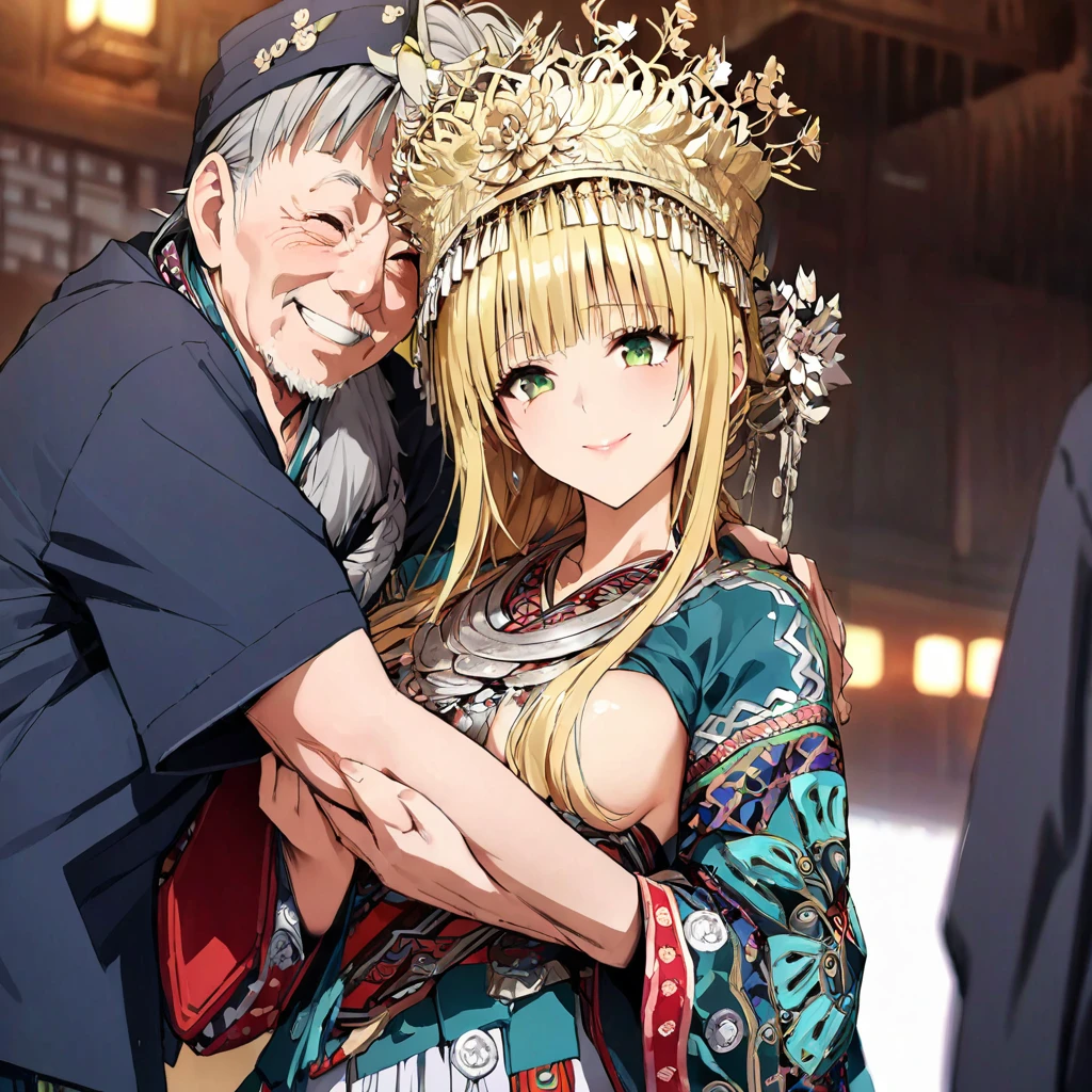 ((Highest quality)), ((masterpiece)), (detailed), (Perfect Face)、The woman is a Tier, with green eyes, medium blonde hair, ethnic medicine and a gorgeous hat.、Smiling with a gentle smile、The woman is being held by an old man dressed in traditional clothing.、The whole body is in the frame