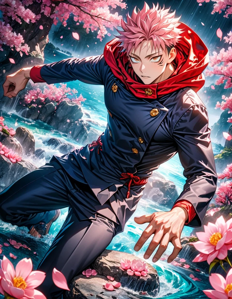 absurdres, highres, ultra detailed, HDR, master piece, best quality, Itadori Yuji, pink hair, expressive brown eyes, Jujutsu Kaisen, red hood, solo, sexy man, handsome, jujutsu uniform, fantasy, shining, water, pink flowers, pink blossoms, pink petals