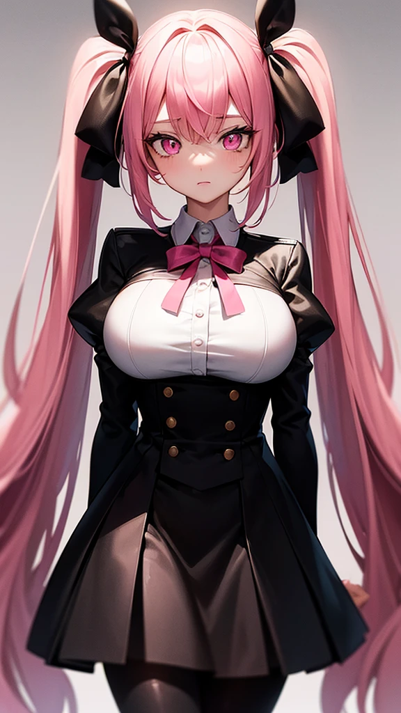 (Highest quality,Super detailed,1 girl),black tights,Pink Hair,Height: 160cm,cute,Pink Eyes,Twin tails,Big Breasts,Wear a uniform,Her eyes are white and shining,Looking at me from a close distance,Has bright white eyes,