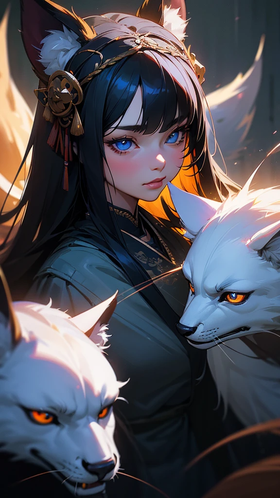 a kitsune girl,beautiful detailed blue eyes,long black hair with bangs,casual clothing,intricate detailed face,highly detailed,8k,photorealistic,cinematic lighting,digital painting,fantasy,artstation,trending on artstation