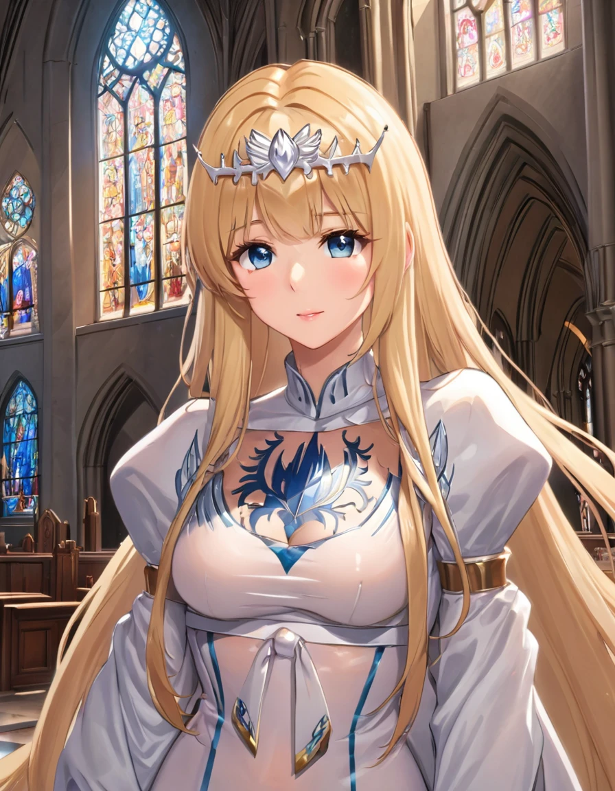 1girl,solo, calca, blonde hair, ,( extremely long hair:1.3), very long hair, extra long hair, white tiara, white dress, blue eyes,Calca Bessarez, medium breast,Calca, indoor, church, cathedral, stained glass, close up, upper body