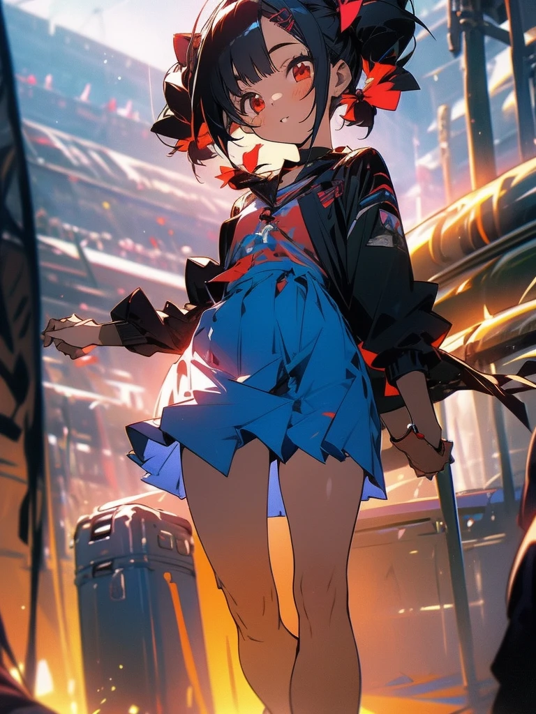 A girl with black hair and red eyes wearing casual dress and mini skirt and have twin tail hairstyle beautiful vibrant colors,twin tails, viewers pov