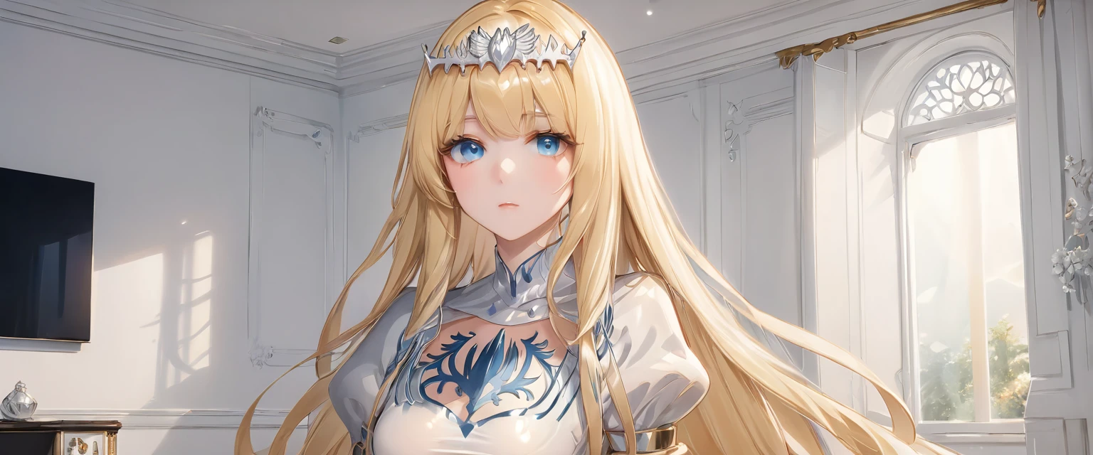 masterpiece,ultra-detailed,best quality,8K,illustration,,clean skin ,shiny hair,girl,ultra-detailed-eyes,simple background, cowboy shot, 1girl,solo, calca, blonde hair, ,( extremely long hair:1.3), very long hair, extra long hair, white tiara, white dress, blue eyes,Calca Bessarez, medium breast,Calca, in the luxurious room, day light