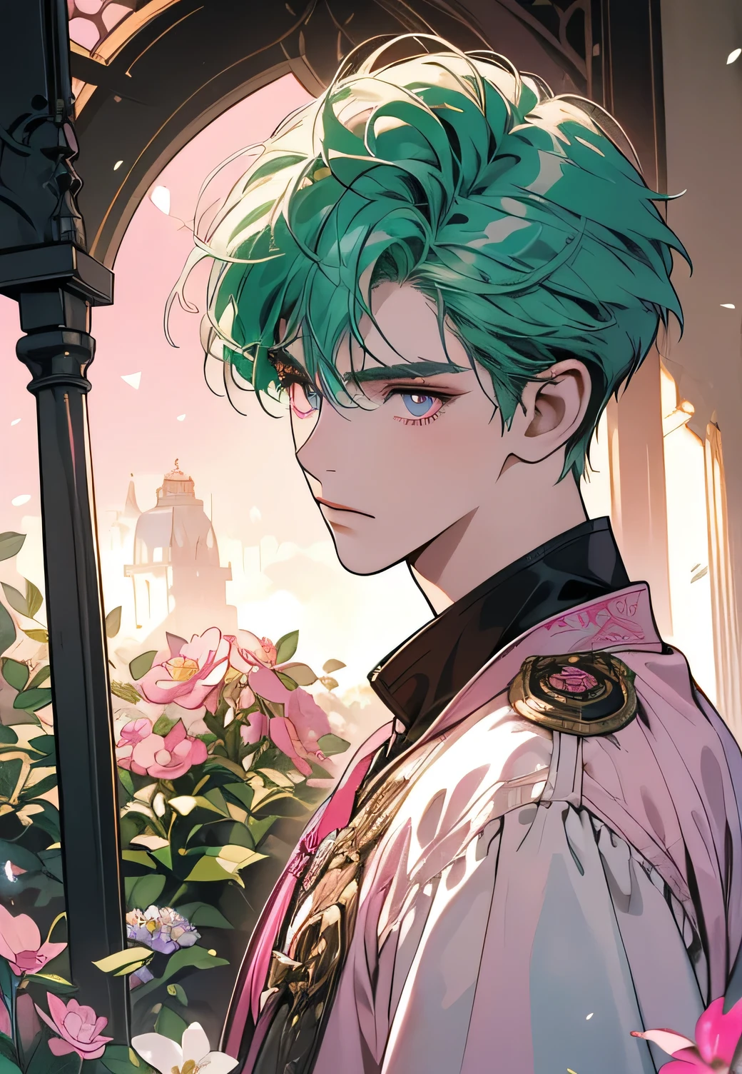 One young fairy boy, 14 years old, inside a castel, focus face, fierce face, handsome, cool boy, perfect architecture, medieval, looking at camera, perfect face, green hair, dramatic light, lots of wires, switchboard, sun light in Corridor, fairy, detailed green hair, (((Various angles))), solo, cockpit, half body shot, beautifull male , Super detailed background, top quality, Unique and pink eyes, unique hairstyles, short hair, hair between his eye, Ghost in the Shell, Long shot, Panorama, (((pink eye color))), green and pink hair color, sparkling eyes, medieval city background, Unique and perfect face, magic, (((Flower hair ornament))), shoot from above, Pale Lighting
