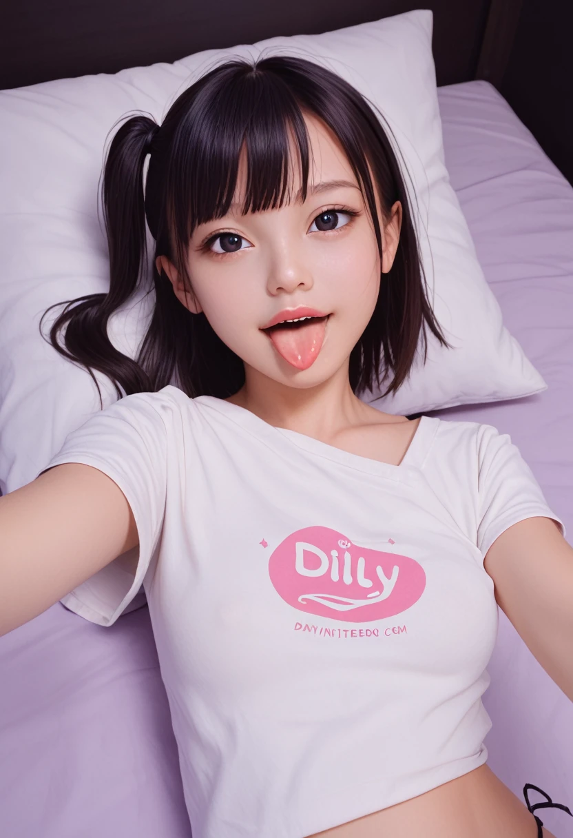pastel colors t-shirt,off-shoulder look,bare shoulder,ollarbone,midriff peek,string panties,(open mouth:1.5),(tongue out:2),lying,Selfie,front view,upper body,(1girl,Beautiful 14 year old girl),((Slender,Small breasts,Small face,)),(looking at viewer),Black Hair,bangs,one side up,Beautiful and detailed,(Dimly lit room:1.5),Simple Background,White bed,pillow,Mischievous smile