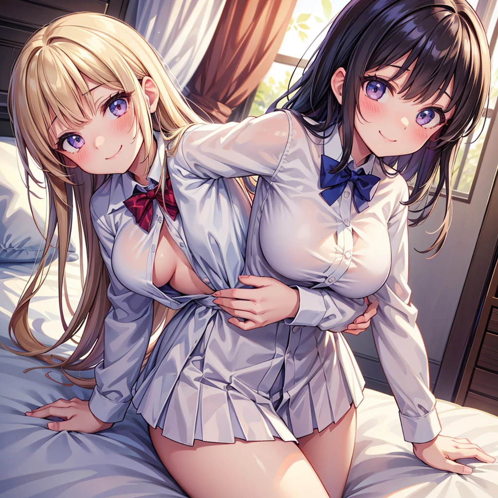 Best Quality，8K， girls， boy is grabbing girl’s breasts from behind」valley，smile，Naughtyな女の子，Beautiful girls，beautiful girl，Absurd，Uniform white shirt，Perfect Face，Horny girl，masterpiece，Naughty，sex，Bed in the room，Adult
