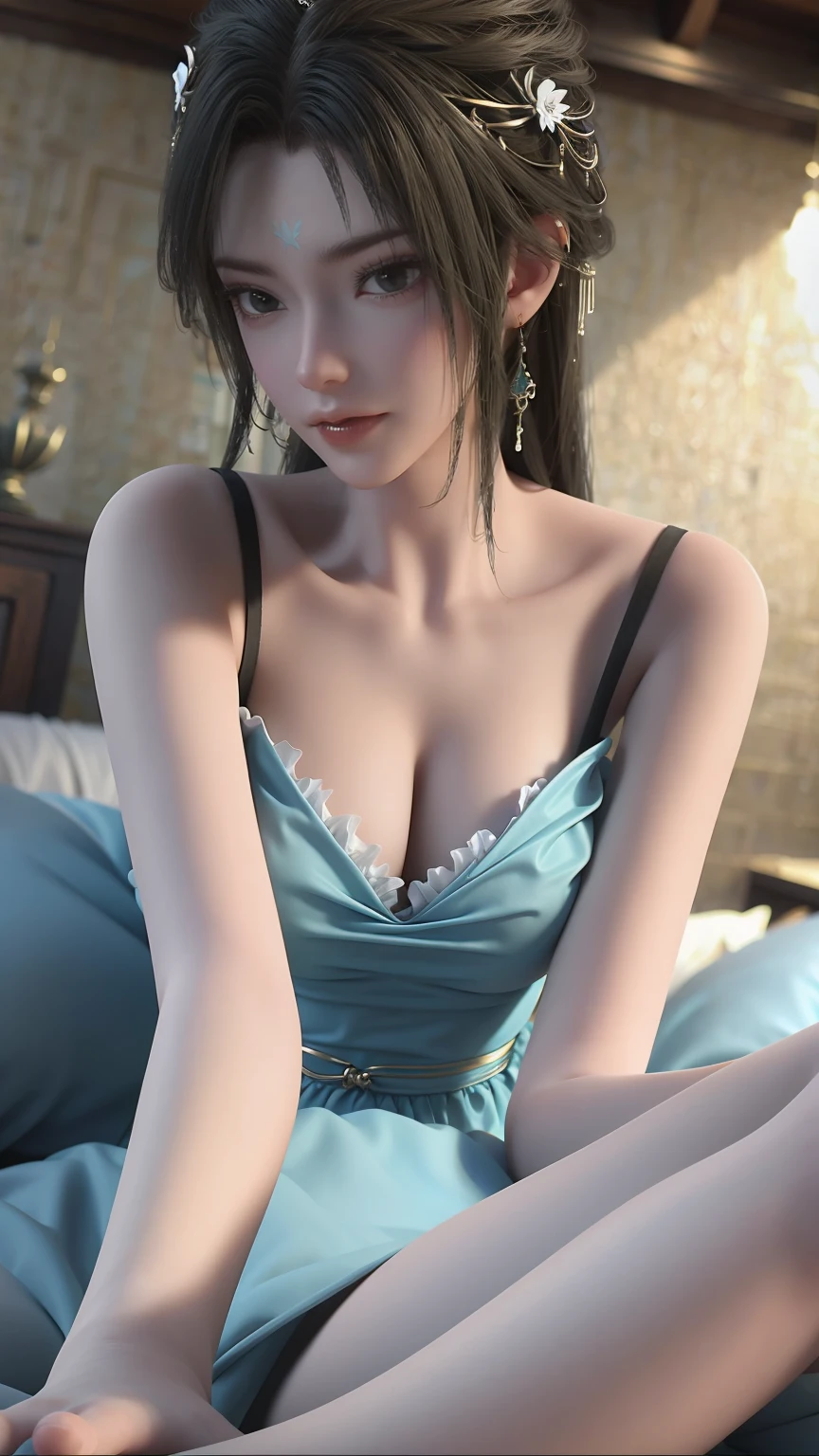 一个女孩Lying in bed，Face up，Raise your legs slightly，Front view super detailed beautiful big breasted girl . Ultra HD, 4K, 8K, Movie，whole body，Lying down，Long legs，Very big breasts，whole body捕捉，（（（Lying in bed））），（（（whole bodyLying in bed））），big bed，Off-shoulder，Shoulder to shoulder，Lying in bed，Sleeping on the pillow，Lying down，Headrest pillows