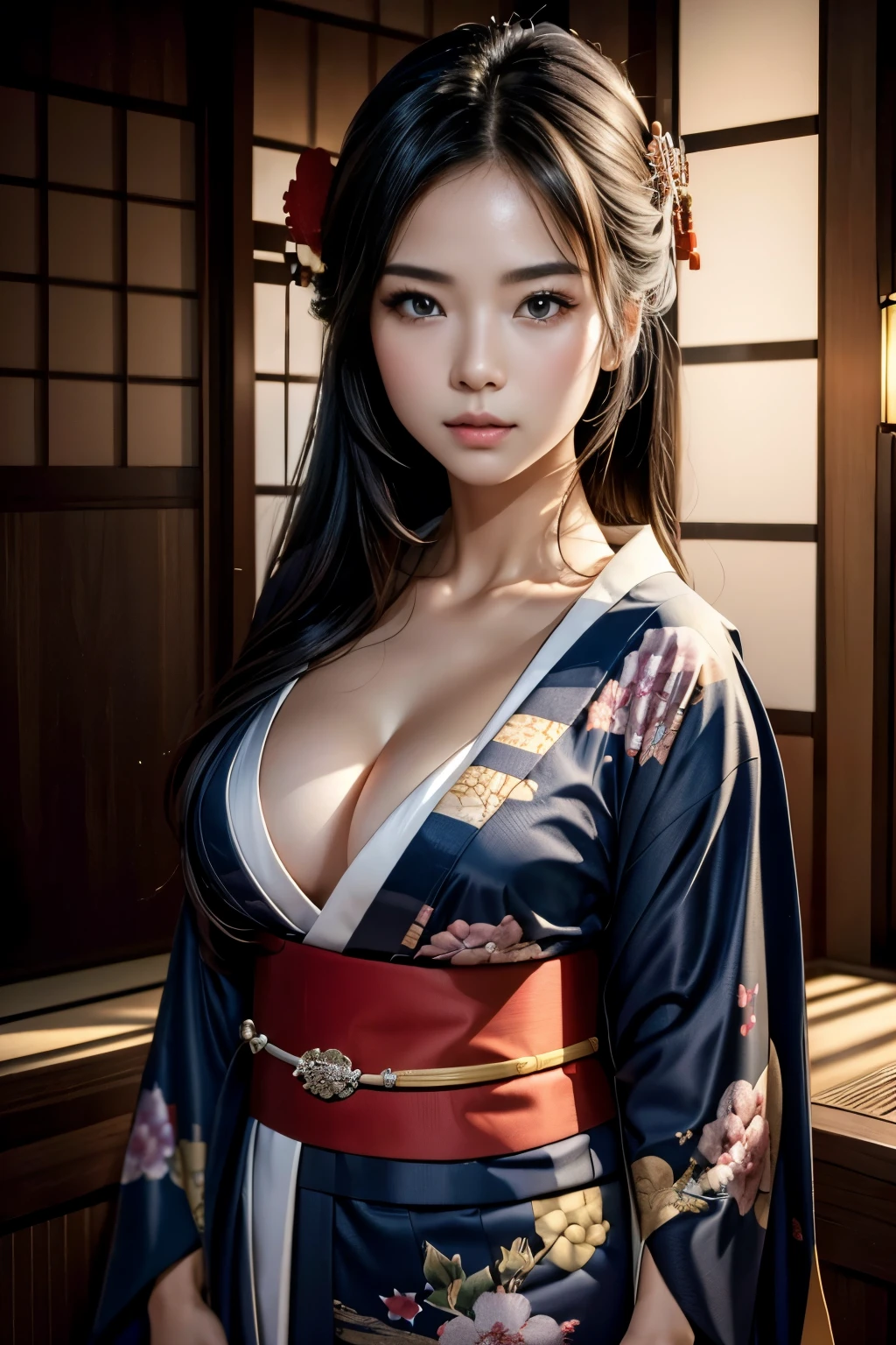 ((Highest quality, 8k Raw Photo:1.5, masterpiece: 1.3)), Sharp focus: 1.2, (Super beautiful face: 1.0), (Shiny skin: 1.0), Realistic photos, Ultra high definition, Black Hair, Realistic students, Cinema Lighting, Highly detailed eyes and face, Cinema Lighting, (Cowboy Shot: 1.0), (kimono, In the same way, heart: 1.15), Beautiful breasts, (Cute Japanese Actress), sexy, Originally, classic kimono,