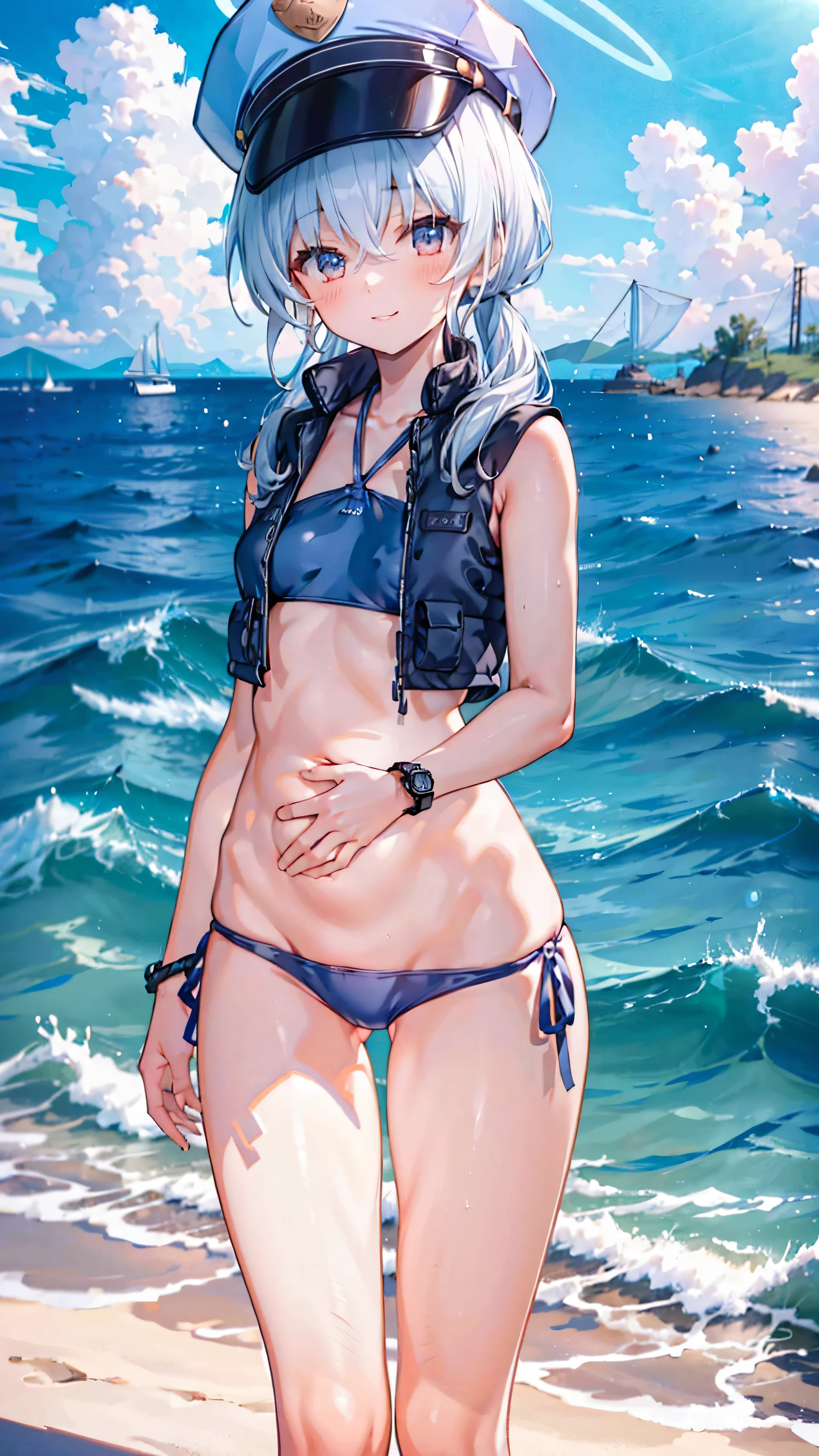 （Extremely detailed CG unified 8k wallpaper),(masterpiece), (Best quality), (Ultra Detailed), (Best Illustration),(The best shadow)，Tender belly，Tender thighs，Standing by the sea，Take off your swimsuit，Smile at me