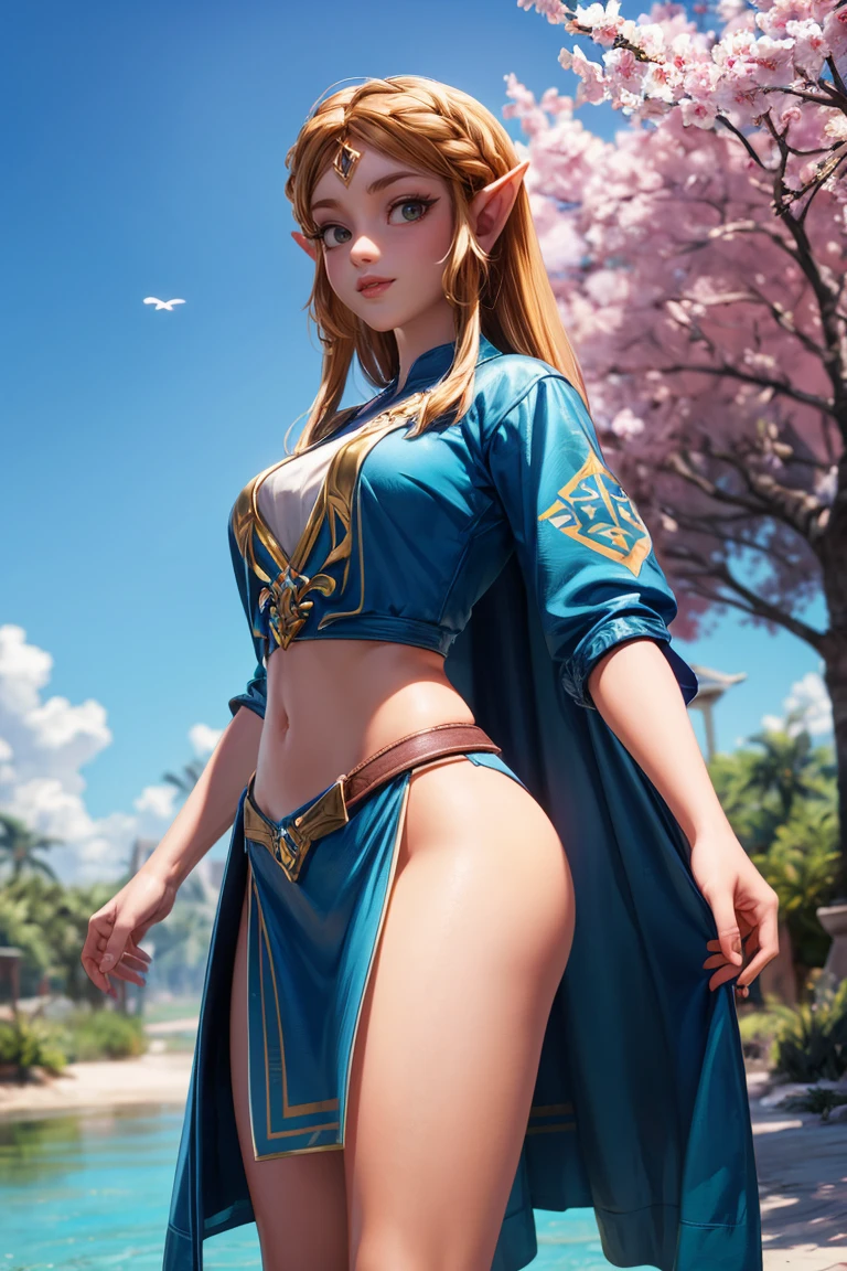 masterpiece, best quality, (Very detailed CG Unity 8k wallpaper) (best quality), 3DMM, Princess Zelda,cowboy_shot,looking_at_the viewer,(Best shadow) Vibrant colors, jungle, water, Natural Beauty, An oasis of tranquility , Cherry tree, Blue Sky Ray Tracing, Super detailed