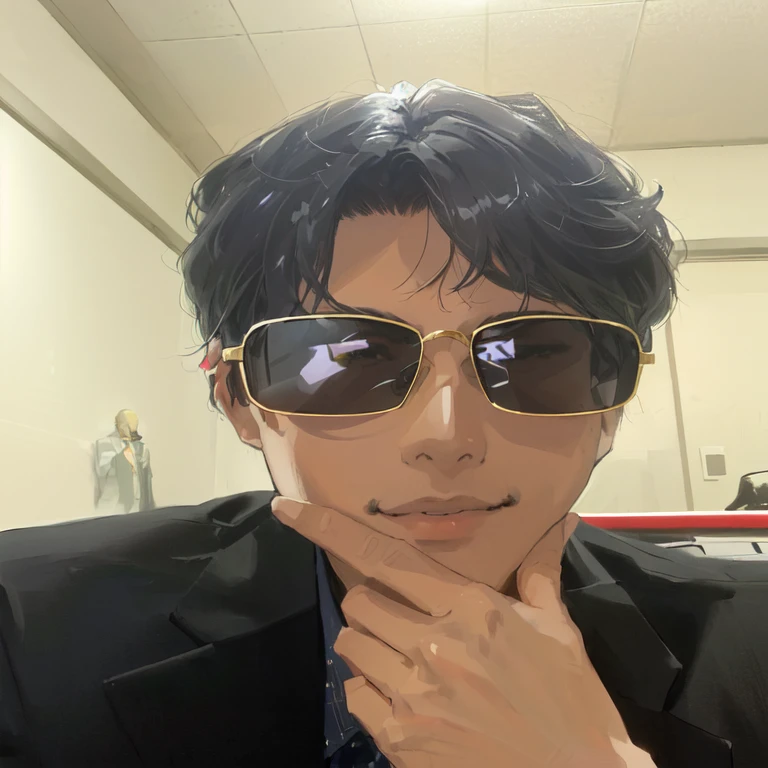 there is a man wearing sunglasses and a suit and tie, with sunglass, taken in the early 2020s, tomohiro shimoguchi, wearing versace sunglasses, ramil sunga, 8k selfie photograph, thawan duchanee, msxotto, with sunglasses, wearing gold glasses, victor ngai, in style of kentaro miura