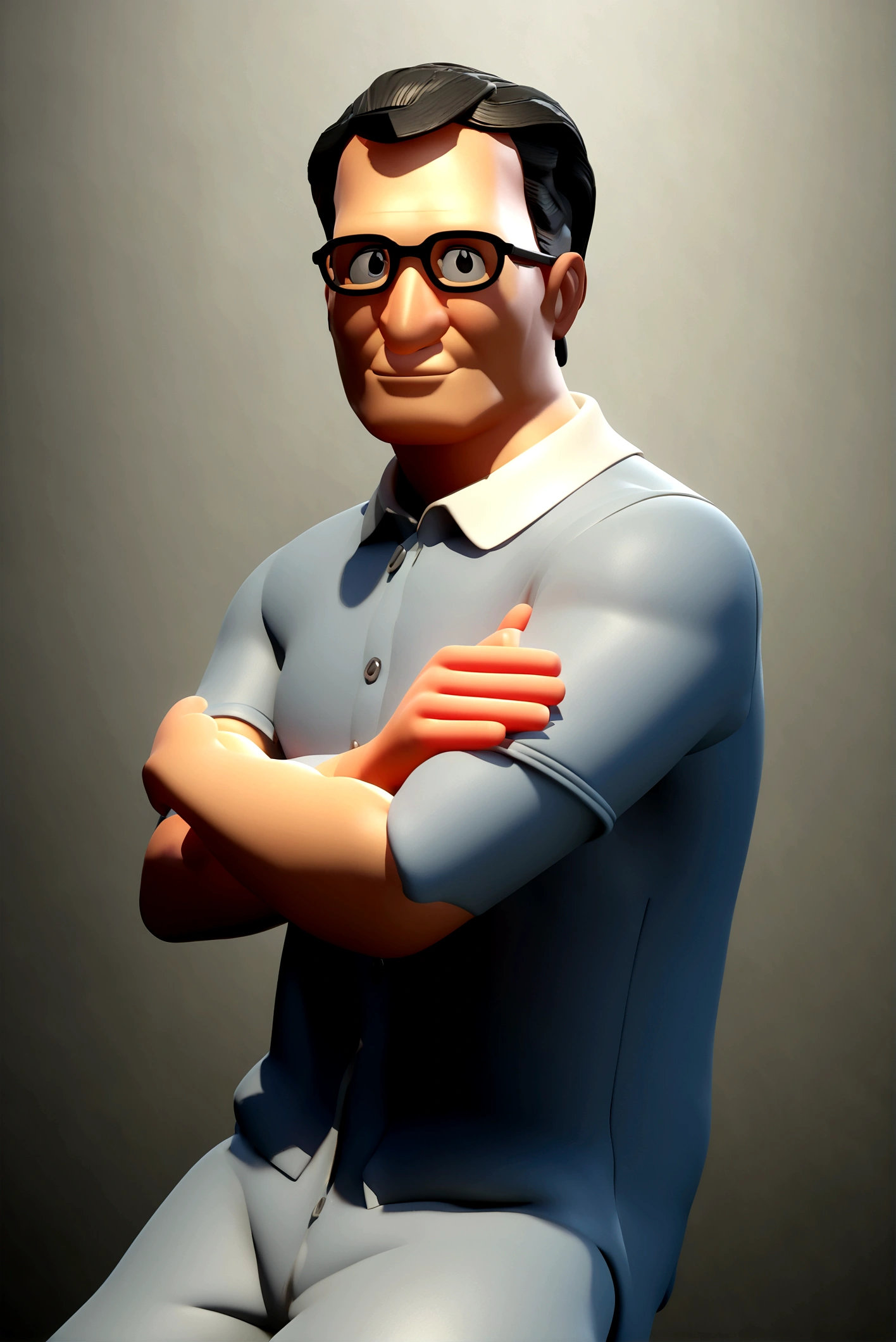 Cartoon character of a man in black glasses and blue shirt, an animated character, stylized character, animation style rendering, 3d stylized, Arnold Maya rendering, Stylized 3D rendering, toon render screenshot, 3d character, 3d character, Stylized 3D rendering, 3D character rendering, cartoon character, Personagem de close up, character posing, (Pixar-style) (master part:1.2) (bokeh) (best qualityer) (skin detailed) (detailed texture) (8K) (Argilla) (cinematic lighting) (sharp focus,Sit down and lift your upper body