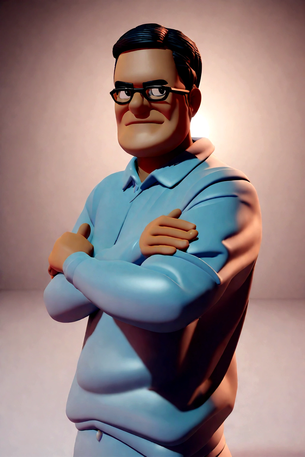 Cartoon character of a man in black glasses and blue shirt, an animated character, stylized character, animation style rendering, 3d stylized, Arnold Maya rendering, Stylized 3D rendering, toon render screenshot, 3d character, 3d character, Stylized 3D rendering, 3D character rendering, cartoon character, Personagem de close up, character posing, (Pixar-style) (master part:1.2) (bokeh) (best qualityer) (skin detailed) (detailed texture) (8K) (Argilla) (cinematic lighting) (sharp focus，Sit down and lift your upper body