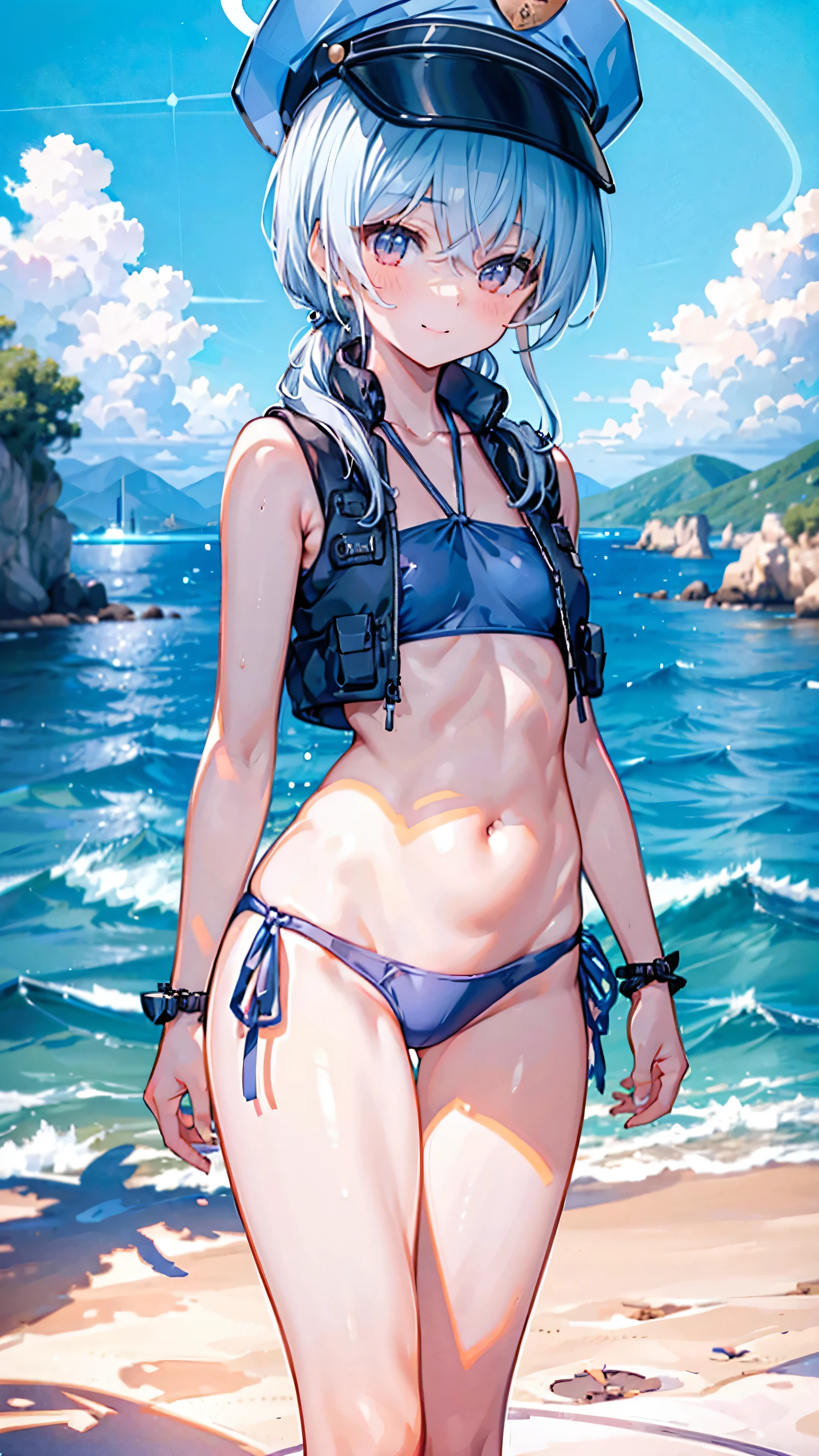 （Extremely detailed CG unified 8k wallpaper),(masterpiece), (Best quality), (Ultra Detailed), (Best Illustration),(The best shadow)，Tender belly，Tender thighs，Standing by the sea，Take off your swimsuit，Smile at me