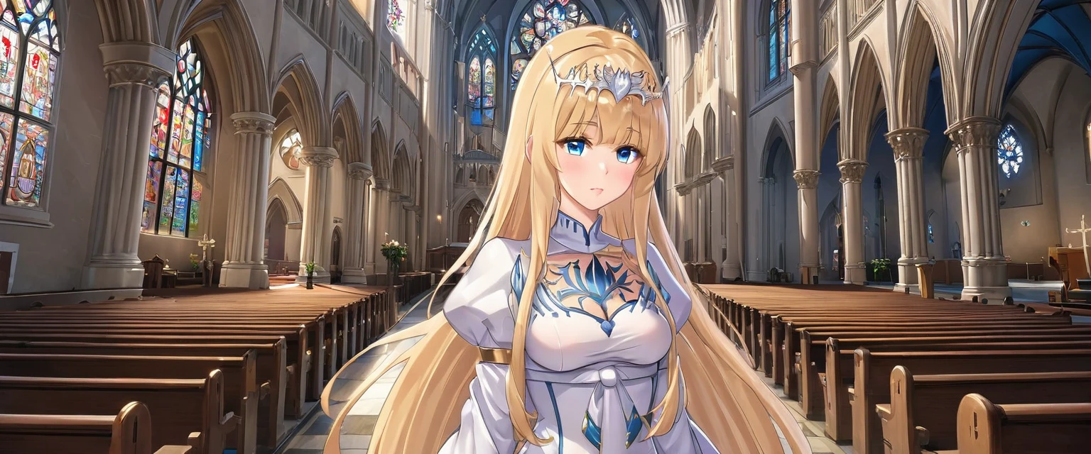 1girl,solo, calca, blonde hair, ,( extremely long hair:1.2), very long hair, extra long hair, white tiara, white dress, blue eyes,Calca Bessarez, medium breast,Calca, indoor, church, cathedral, stained glass