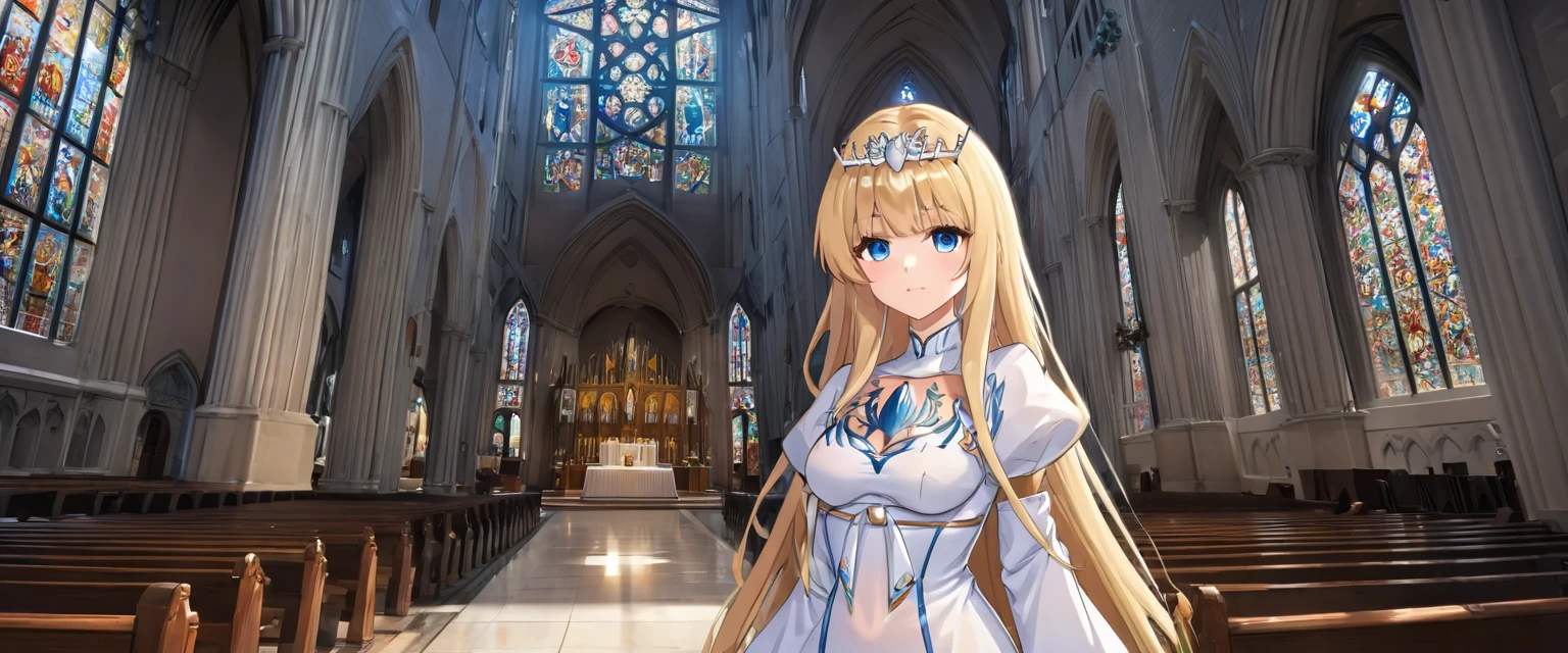 1girl,solo, calca, blonde hair, ,( extremely long hair:1.2), very long hair, extra long hair, white tiara, white dress, blue eyes,Calca Bessarez, medium breast,Calca, indoor, church, cathedral, stained glass