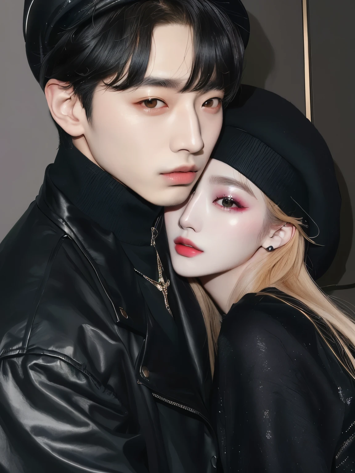 araffe and a woman in a black jacket and hat, jinyoung shin, nixeu and sakimichan, ulzzang, couple pose, inspired by Yanjun Cheng, sakimichan and frank franzzeta, & jeehyung lee & wlop, kda and sam yang, jia, wlop and sakimichan