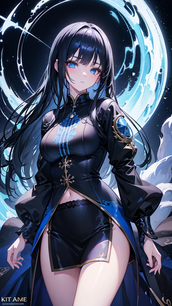 a kitsune girl,beautiful detailed blue eyes,long black hair with bangs,casual clothing,intricate detailed face,highly detailed,8k,photorealistic,cinematic lighting,digital painting,fantasy,artstation,trending on artstation