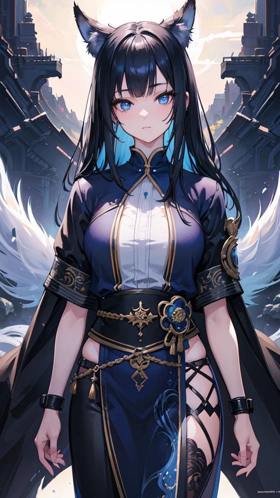 a kitsune girl,beautiful detailed blue eyes,long black hair with bangs,casual clothing,intricate detailed face,highly detailed,8k,photorealistic,cinematic lighting,digital painting,fantasy,artstation,trending on artstation