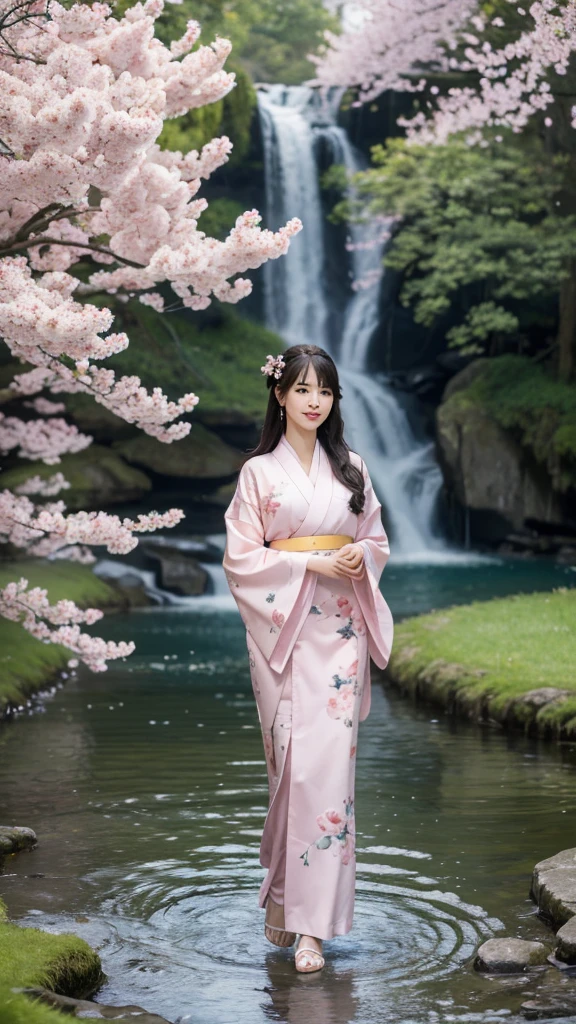 (RAW photo, best quality), (realistic, photo realistic: 1.3), extremely refined and beautiful, amazing, fine detail, masterpiece, hyper detail, high resolution, (best illustration), (best shadow), intricate, ((masterpiece, highest quality, high definition, high detail)))), black hair, waifu,in pink kimono, full body shot , sweetest smile , Ultra realistic , night time , Sakura Tree Blooming Park , big clear water river, waterfall in a distance,ultra high resolution, intricate details, highly detailed, ultra high definition, a stunningly beautiful delicate face girl in pink kimono was walking at the park .
