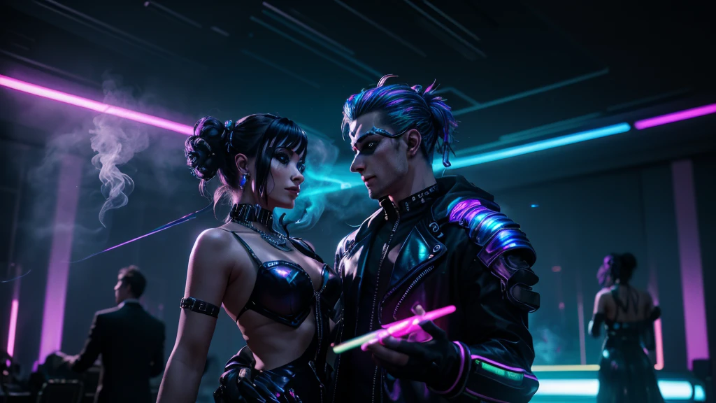 cyberpunk masquerade couple dancing in a futuristic ballroom, high detail, long shot, wide shot, 4K, 3D, REALISTIC, (iridescent glow smoke), UHD, 32K, very bold neon colors, black light, neon light