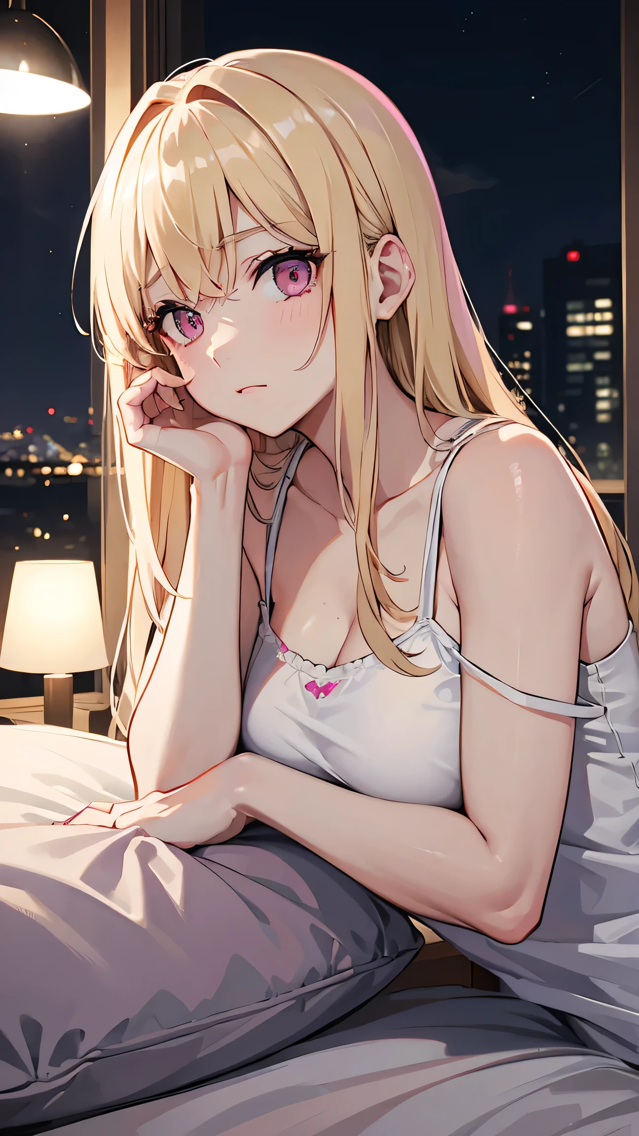 Adult woman, pink eyes, blonde hair, depression, night, bedroom
