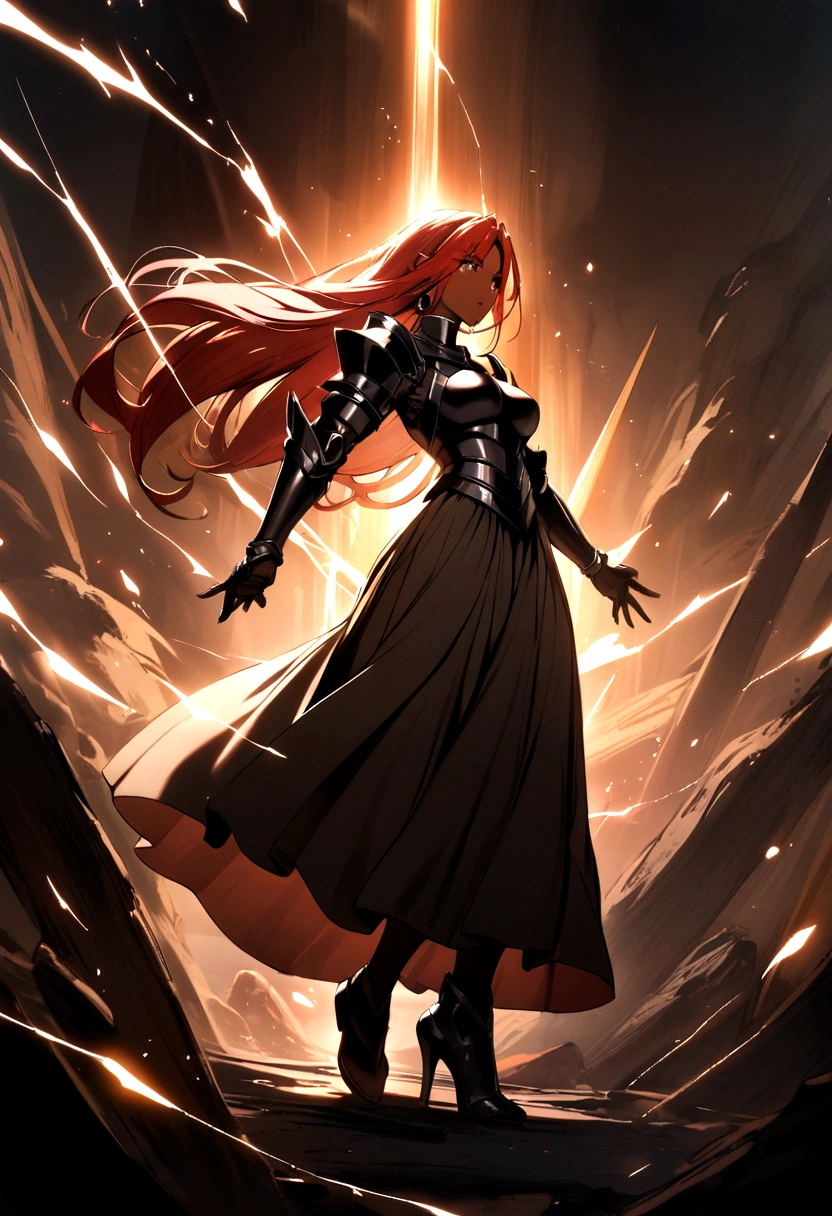 Best quality, female black knight, maxi skirt, dark brown skin, red hair, full body