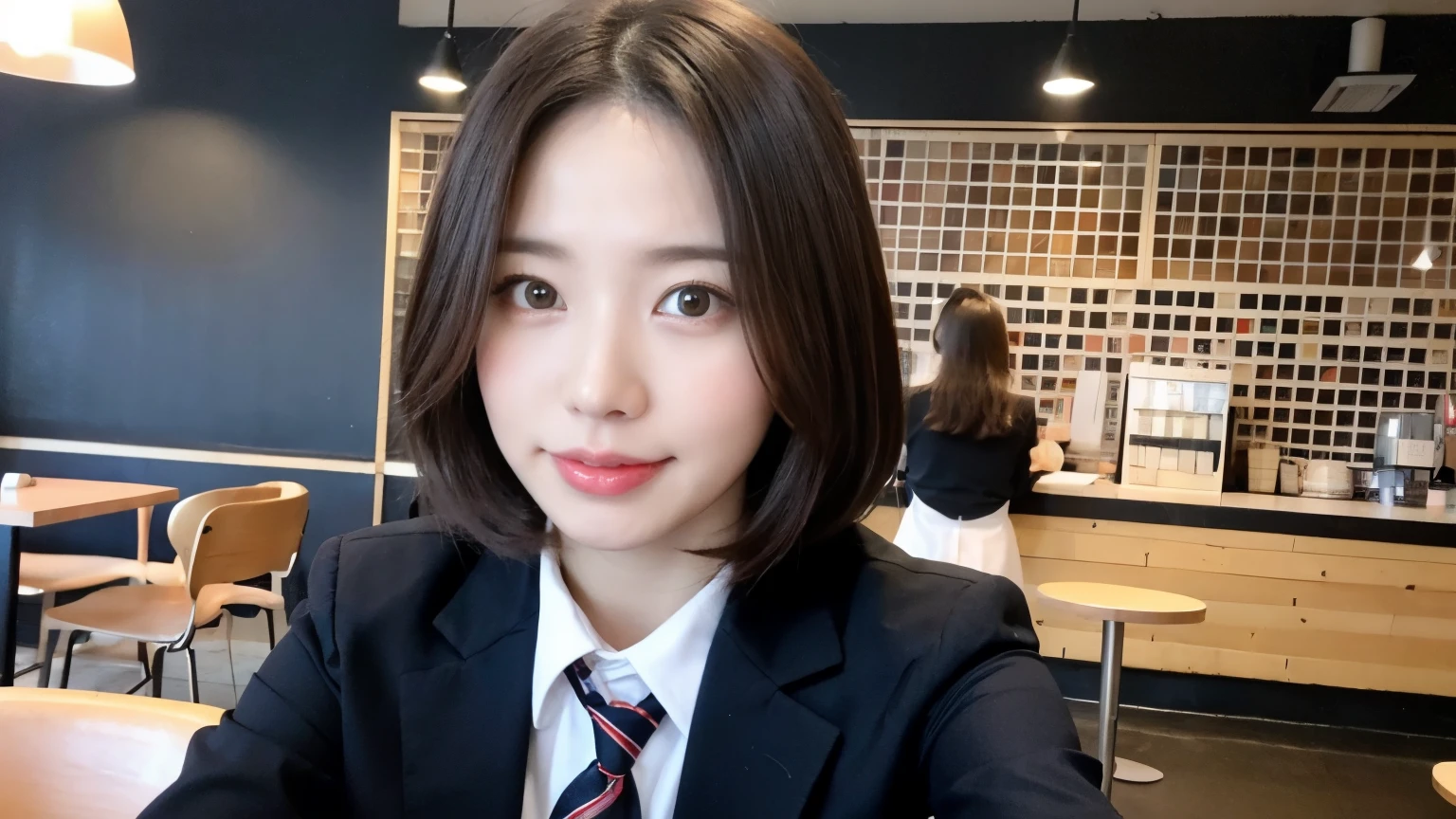 カフェ店内で立つ1人のpretty girl,Red Tie Uniform,Dark Blue Blazer,Blue checked super super super mini skirt,18-year-old,Short brown hair with side waves,The best smile,私 can see your beautiful thighs,knees,Random Pause,pretty girl,Slender girl,my skin is beautiful,Wear cute sneakers,Natural Makeup,Background of the café