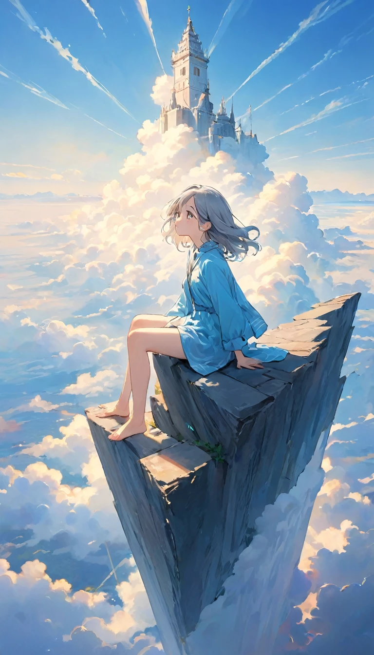 finely detailed illustration, vibrant color,High resolution、８ｋ、pretty girl、One Girl、Highest quality、masterpiece、detailed eye and face, A thin tower stretching high into the sky、Cylindrical tower、sea of clouds、blue sky、Sitting cross-legged、Hair blowing in the wind、Gray Hair、Girl staring into the distance、White clothes、barefoot、Full body angle、sea of clouds