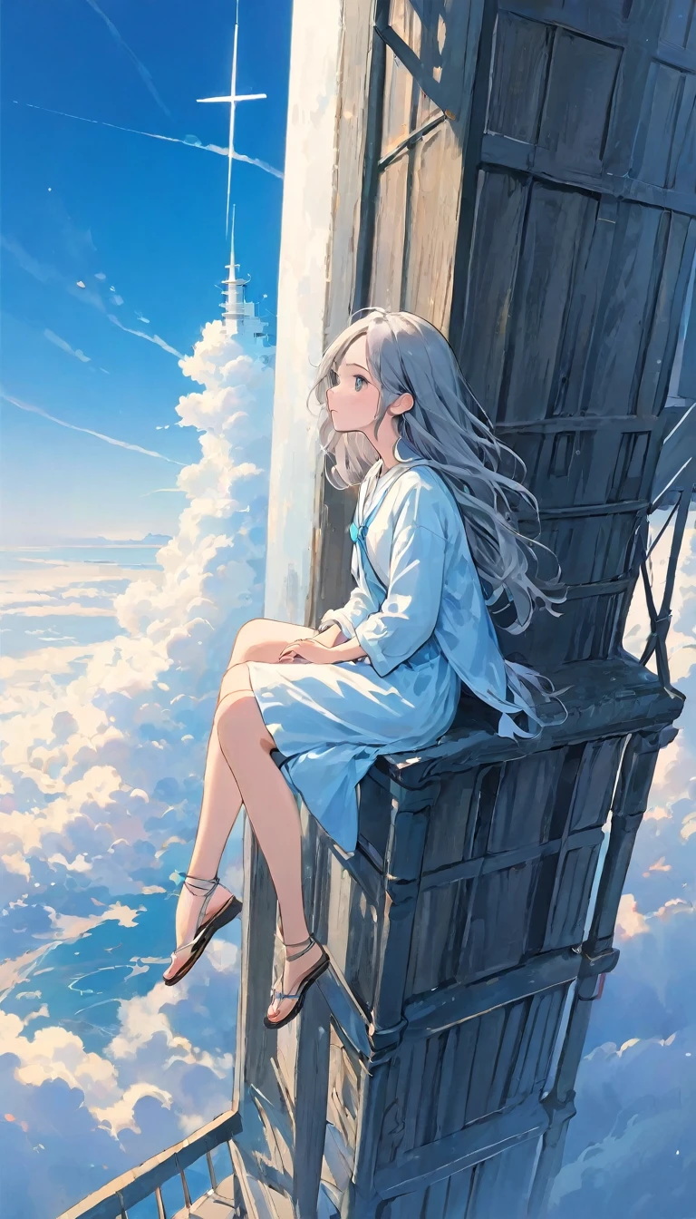 finely detailed illustration, vibrant color,High resolution、8k、pretty girl、One Girl、Highest quality、masterpiece、detailed eye and face, A thin tower stretching high into the sky、Cylindrical tower、sea of clouds、blue sky、Sitting cross-legged、Hair blowing in the wind、Gray Hair、Girl staring into the distance、White clothes、barefoot、Full body angle、sea of clouds
