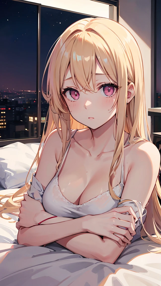 Adult woman, pink eyes, blonde hair, depression, night, bedroom