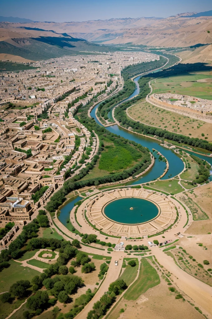 A Birds Eye view of an ancient city with fields full of horses, and valleys full of camels and cows., flowing streams with rich agriculture running through the city with grand houses at ground level and a temple at the centre of the city, Mountains surrounding the city that have extravagant palaces with lofty towers built on the tops of them.