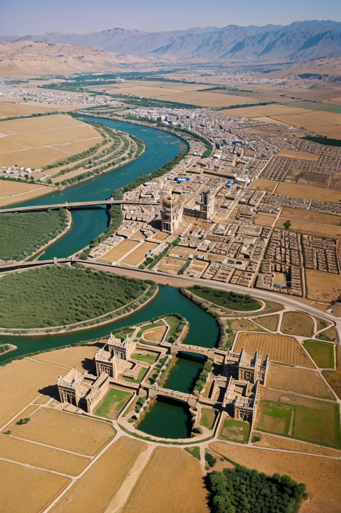 A Birds Eye view of an ancient city with fields full of horses, and valleys full of camels and cows., flowing streams with rich agriculture running through the city with grand houses at ground level and a temple at the centre of the city, Mountains surrounding the city that have extravagant palaces with lofty towers built on the tops of them.