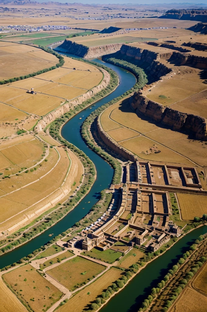 A Birds Eye view of an ancient city with fields full of horses, and valleys full of camels and cows., flowing streams with rich agriculture running through the city with grand houses at ground level and a temple at the centre of the city, Mountains surrounding the city that have extravagant palaces with lofty towers built on the tops of them.
