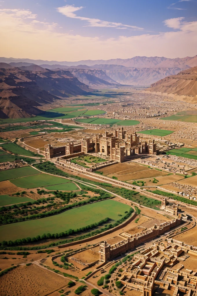 A Birds Eye view of an ancient city with fields full of horses, and valleys full of camels and cows., flowing streams with rich agriculture running through the city with grand houses at ground level and a temple at the centre of the city, Mountains surrounding the city that have extravagant palaces with lofty towers built on the tops of them.
