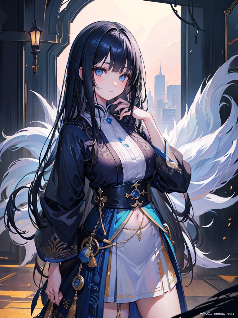 a kitsune girl,beautiful detailed blue eyes,long black hair with bangs,casual clothing,intricate detailed face,highly detailed,8k,photorealistic,cinematic lighting,digital painting,fantasy,artstation,trending on artstation