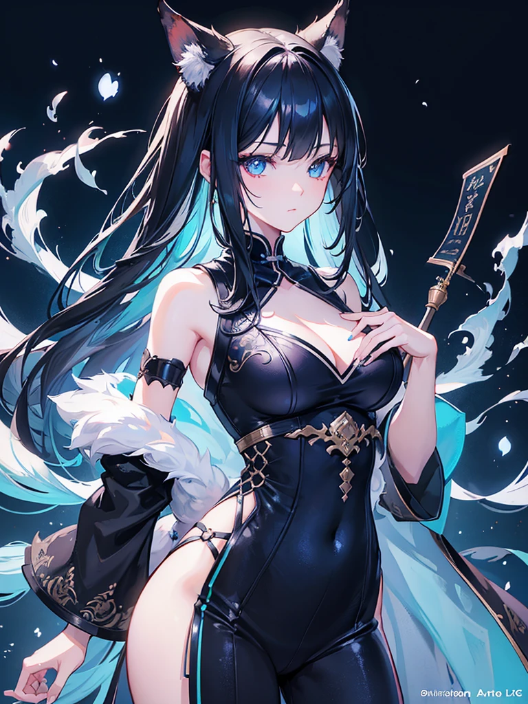a kitsune girl,beautiful detailed blue eyes,long black hair with bangs,casual clothing,intricate detailed face,highly detailed,8k,photorealistic,cinematic lighting,digital painting,fantasy,artstation,trending on artstation