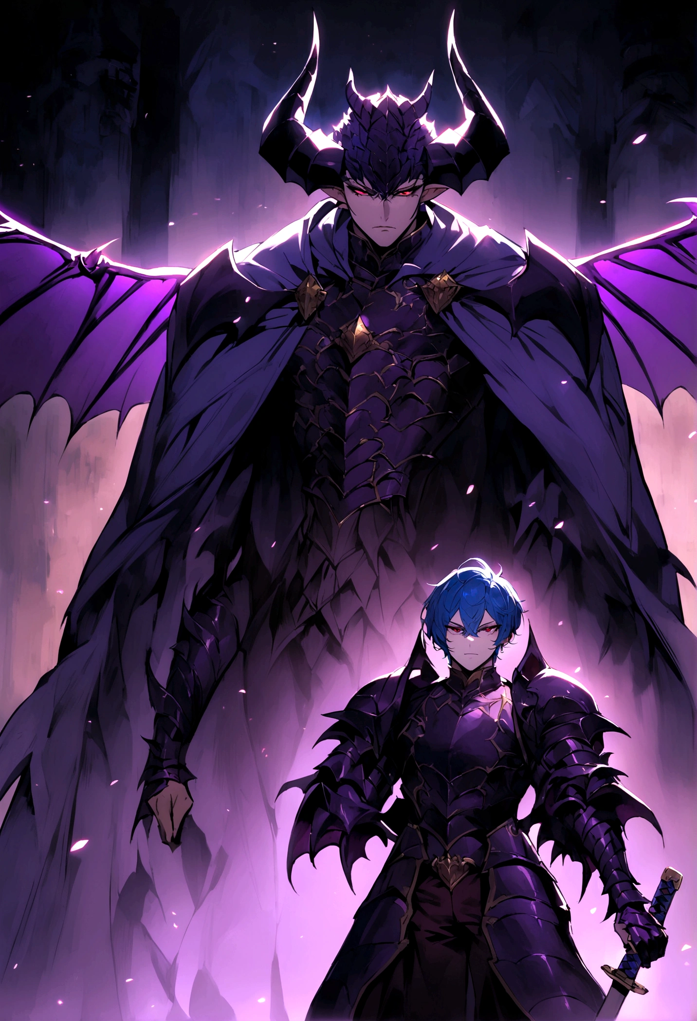 a demon boy with blue hair, armor, purple wings and a katana and horns with red eyes, a man standing with a straight pose and a flirtatious look who is a little more adult and with kimentsu no yaiba style musculature