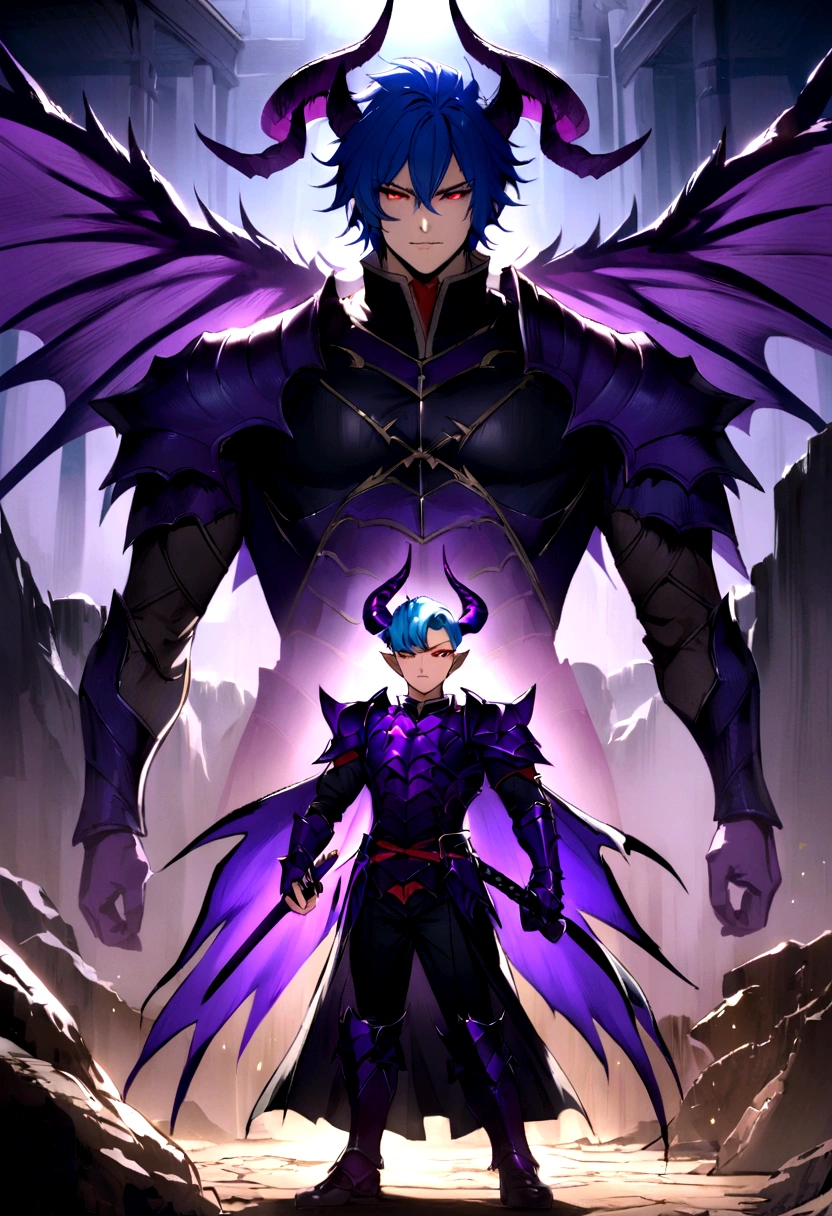 a demon boy with blue hair, armor, purple wings and a katana and horns with red eyes, a man standing with a straight pose and a flirtatious look who is a little more adult and with kimentsu no yaiba style musculature