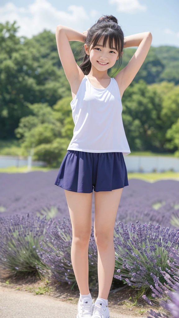 小学生ブルマ画像 8k、小学生の美しい女の子、輝く笑顔、腕を上げて脇を見せる、黒髪の、詳細な美しい顔、無地の白い体操服、非常に短い紺色のブルマ - SeaArt AI