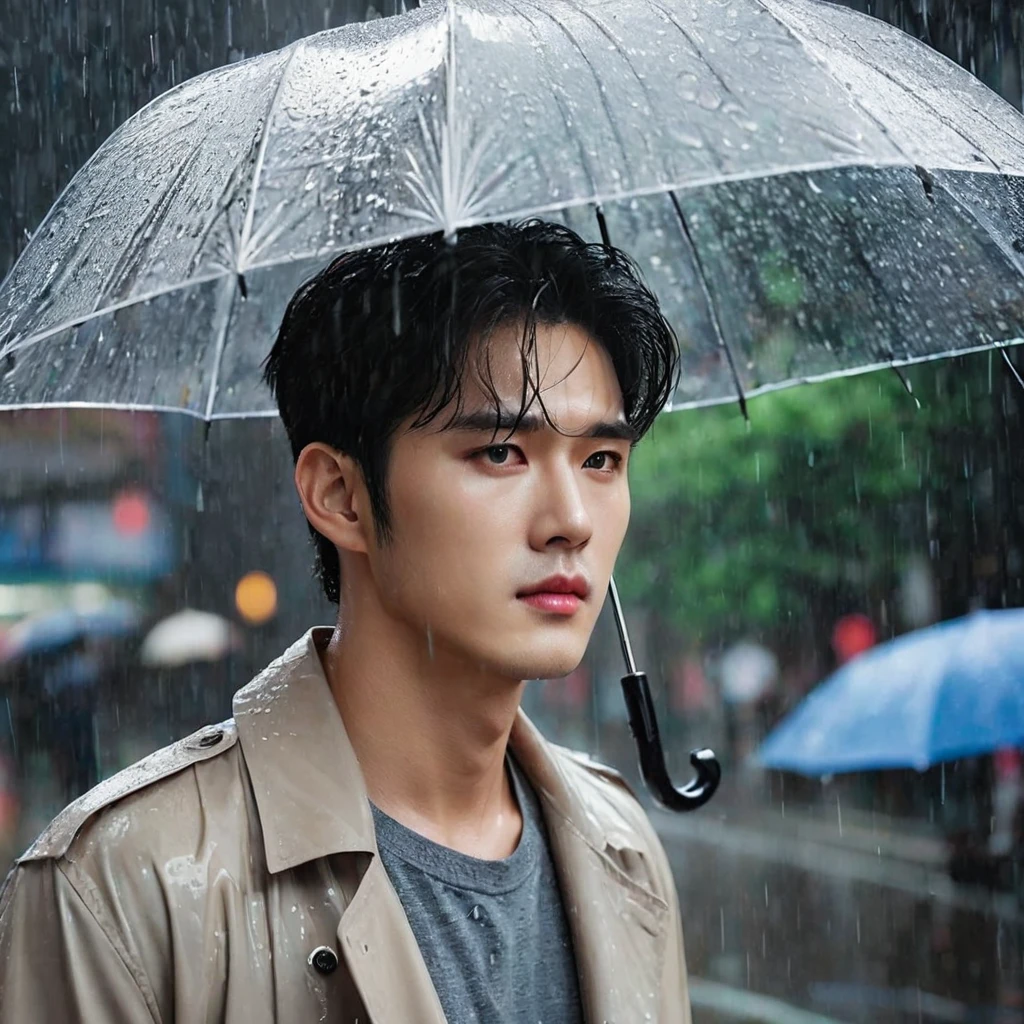 in a bustling city,cold rain,A handsome korean man stands alone in the rain,His eyes are confused,The expression is sad,Gloomy eyes, and strong, The rain washed over his cheeks。He insists on waiting,Believe that the one you love will come back。without umbrella