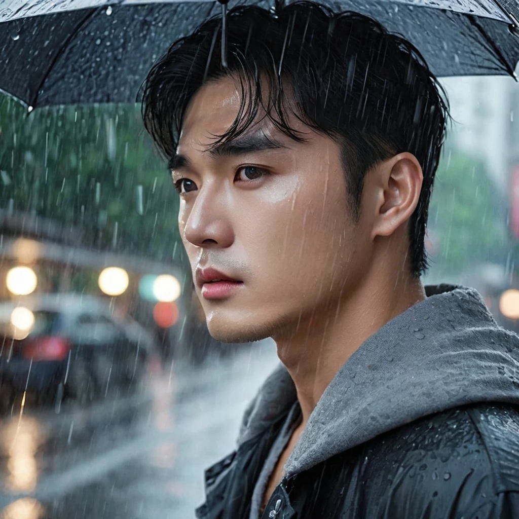 in a bustling city，cold rain，A handsome korean man stands alone in the rain，His eyes are confused，The expression is sad，Gloomy eyes， and strong, The rain washed over his cheeks。He insists on waiting，Believe that the one you love will come back。without umbrella 