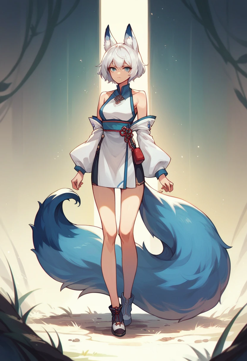 Female, white hair, short hair, blue eyes, blue fox ears, fox tail, nine-tailed fox