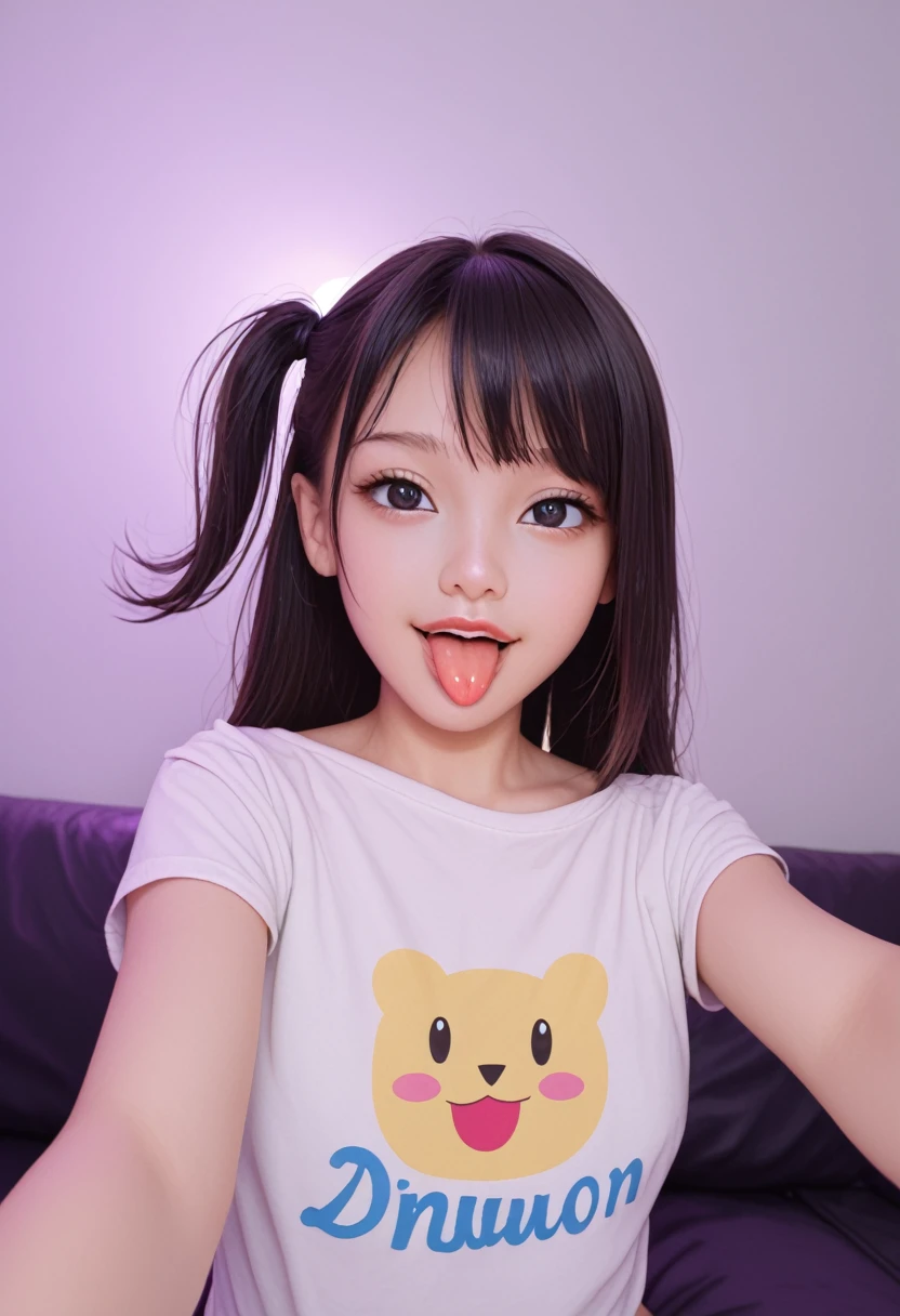 ollarbone,pastel colors t-shirt,off-shoulder look,bare shoulder,midriff peek,string panties,open mouth,(tongue out:2),Kneeling,Selfie,looking ahead,from above,flont view,upper body,(1girl,Beautiful  girl),((Slender,Small breasts,Small face,)),looking at viewer,Black Hair,bangs,one side up,Beautiful and detailed,Mischievous smile,Dimly lit room,Simple Background,Black background,Low lighting