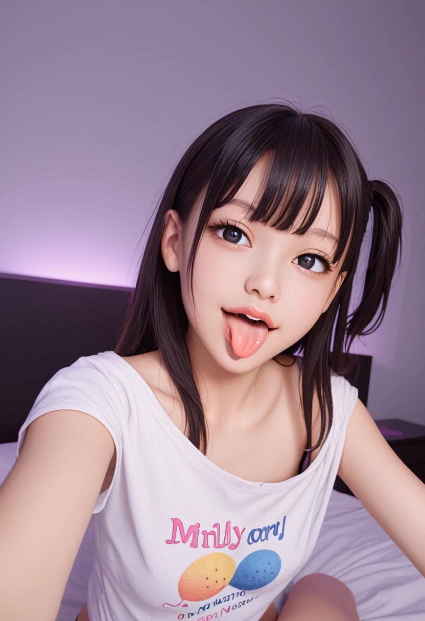 pastel colors t-shirt,off-shoulder look,bare shoulder,ollarbone,midriff peek,string panties,(open mouth:1.5),(tongue out:2),lying,Selfie,front view,upper body,(1girl,Beautiful 14 year old girl),((Slender,Small breasts,Small face,)),(looking at viewer),Black Hair,bangs,one side up,Beautiful and detailed,(Dimly lit room:1.5),Simple Background,White bed,pillow,Mischievous smile
