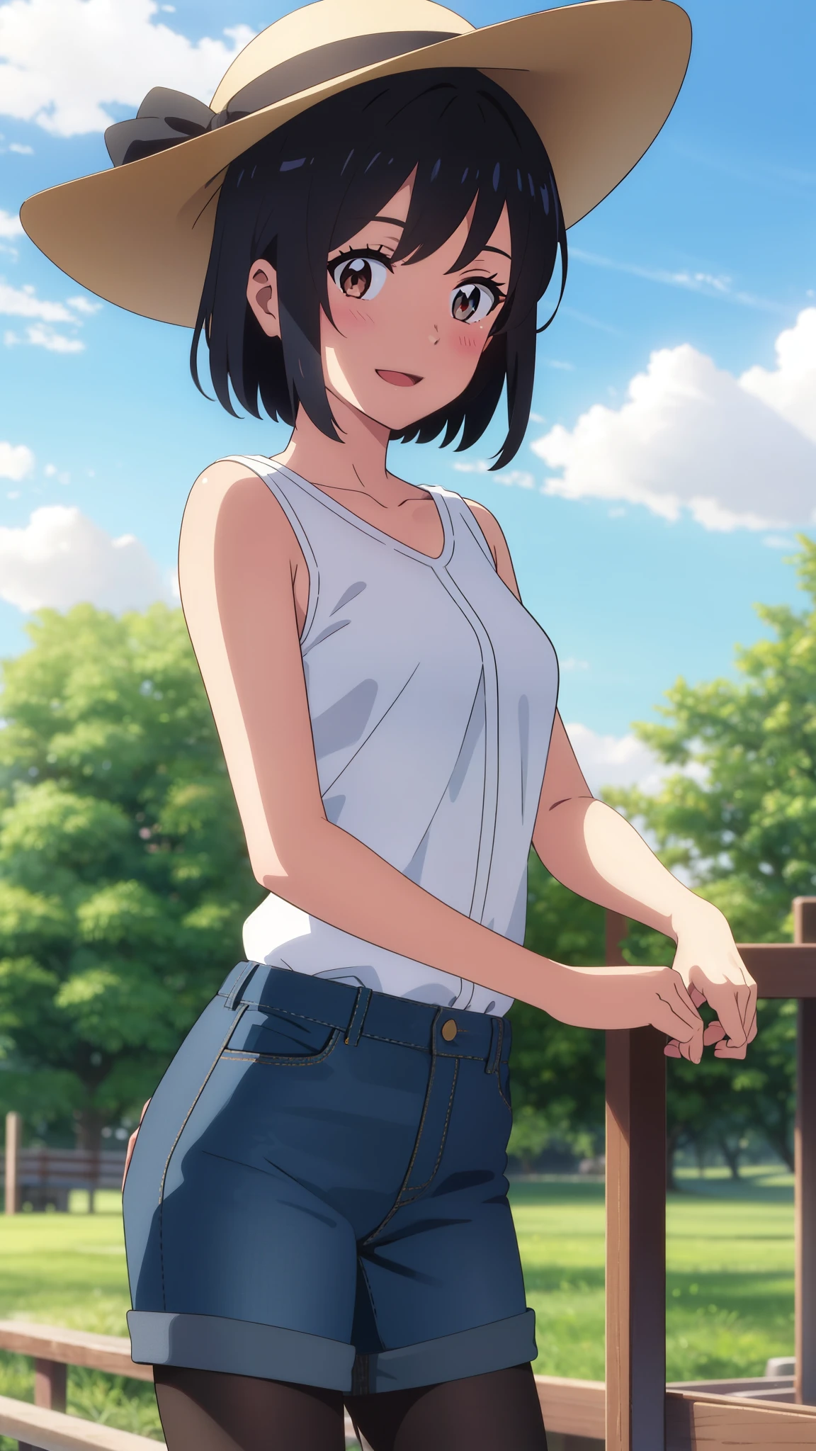 best quality, masterpiece, detailed,2d,flat color, 1girl,,petit,grin,camisole,denim shorts,socks,outdoor,small breasts,twintail,ass,from back