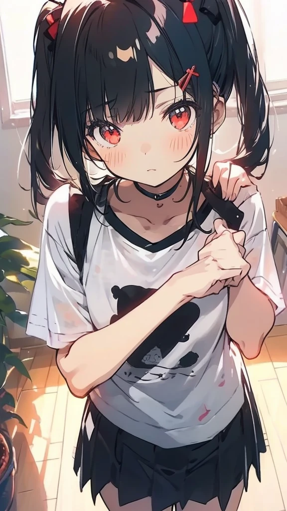 A girl with black hair and red eyes wearing casual dress and mini skirt and have twin tail hairstyle beautiful vibrant colors,twin tails, viewers pov